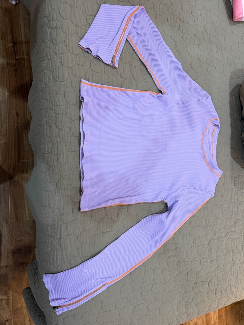 Women's Lavender Long Sleeve Ribbed Tee with Orange Trim